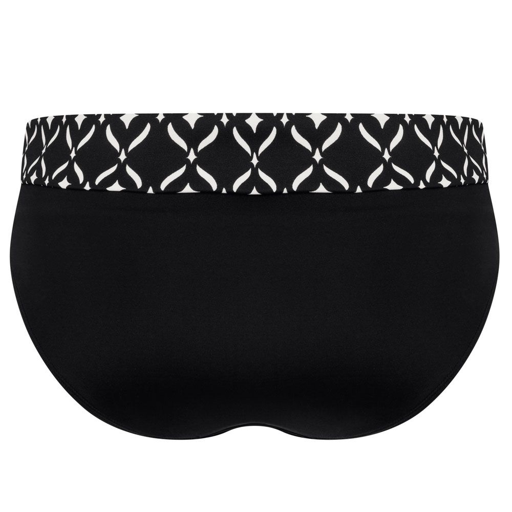 Schwarzer Bikini-Slip mit weißem, geometrischem Muster am Bund. Hoher Bund, Rückansicht.