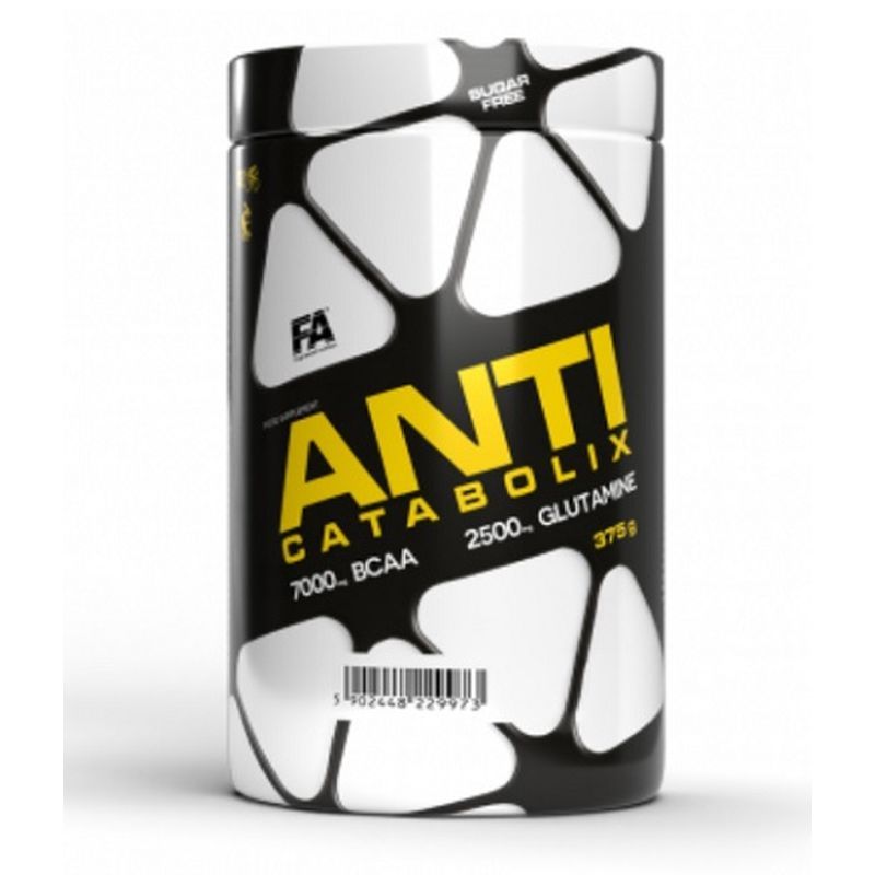 Schwarze Dose mit weißem Deckel. Aufschrift ANTI CATABOLIX, 7000 BCAA, 2500 Glutamine, 375g. FA Logo.