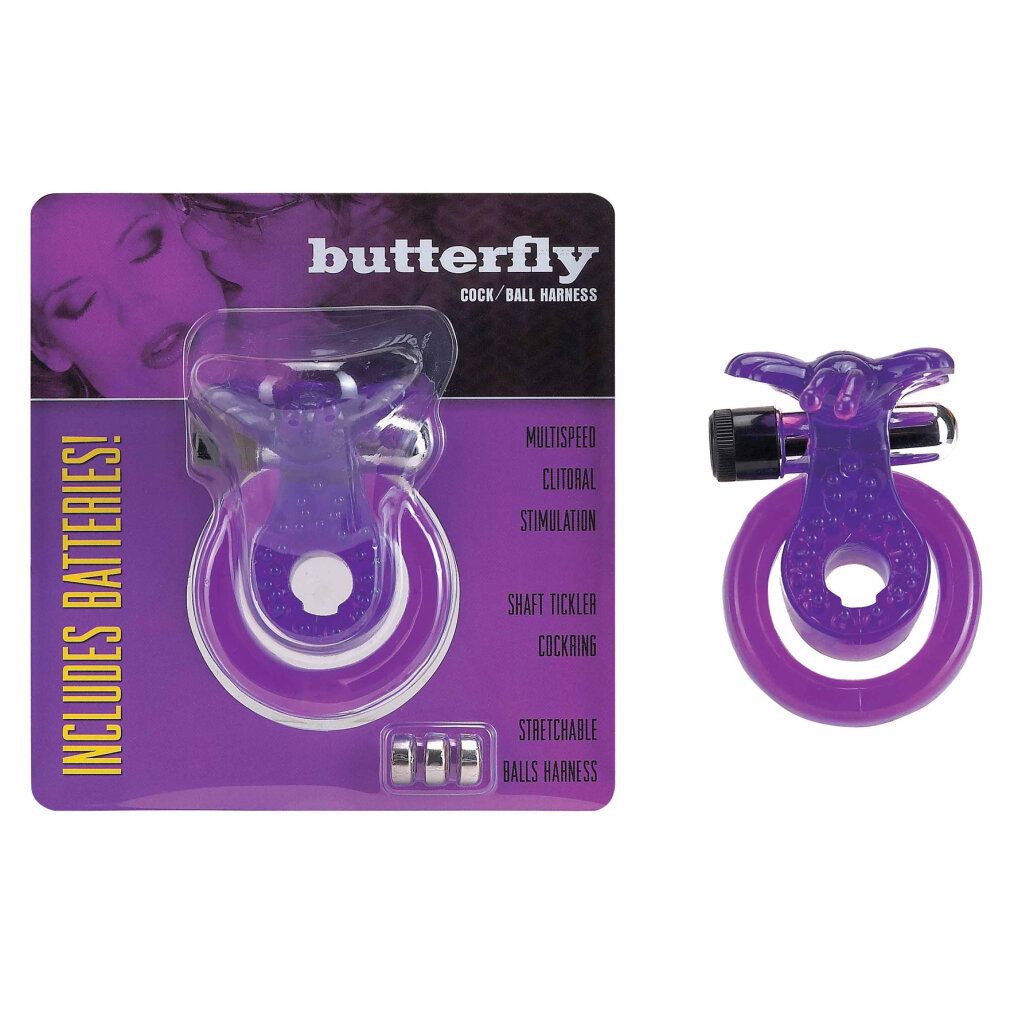 Verpackung mit lila Cock & Ball Ring. Produktname: butterfly. Inklusive Batterien. Merkmale auf der Verpackung.