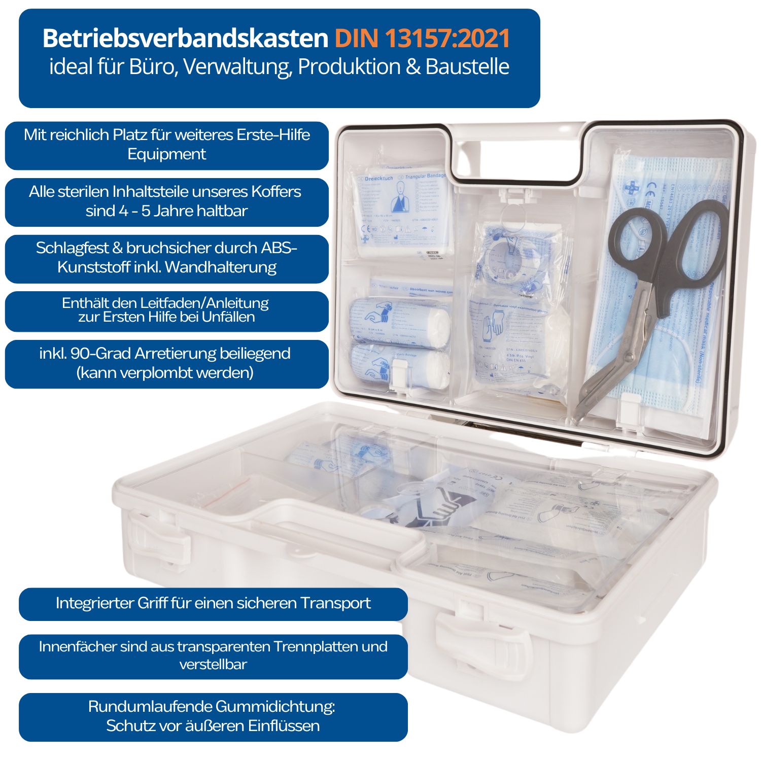 Geöffnete Erste-Hilfe-Koffer mit Inhalt. Enthält Verbandsmaterial, Schere und weitere medizinische Artikel. Transparente Fächer.