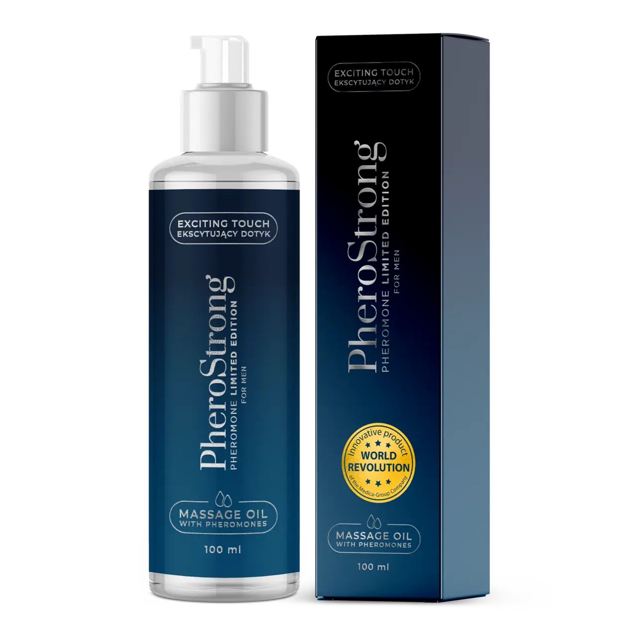 Massageöl-Flasche und -Verpackung. Aufschrift: PheroStrong, Massage Oil, 100 ml. Mit Zerstäuber. Blaue und weiße Farbgebung.
