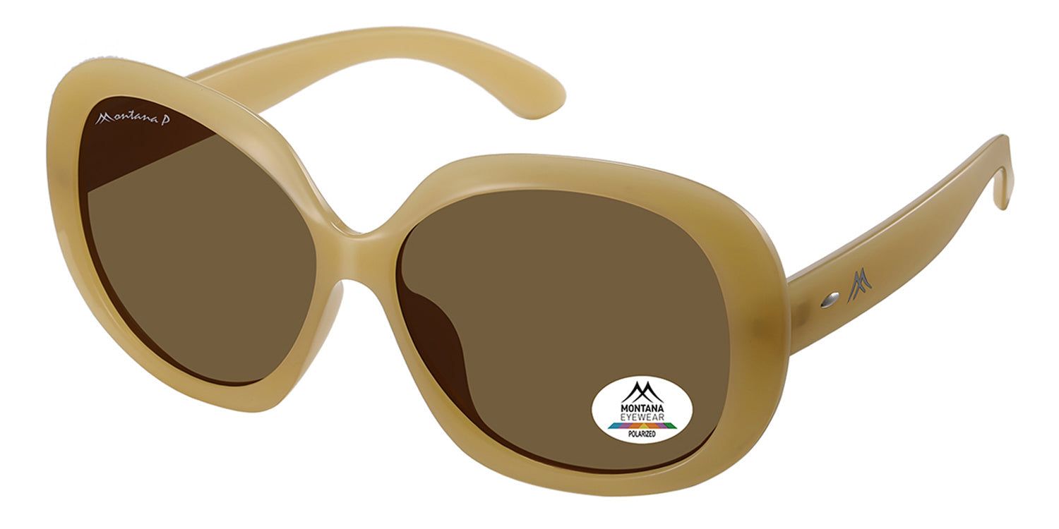 Sonnenbrille mit braunen Gläsern und beigem Rahmen. Auf dem Glas befindet sich ein Aufkleber mit dem Logo von Montana Eyewear. Der Rahmen trägt den Schriftzug Montana P.