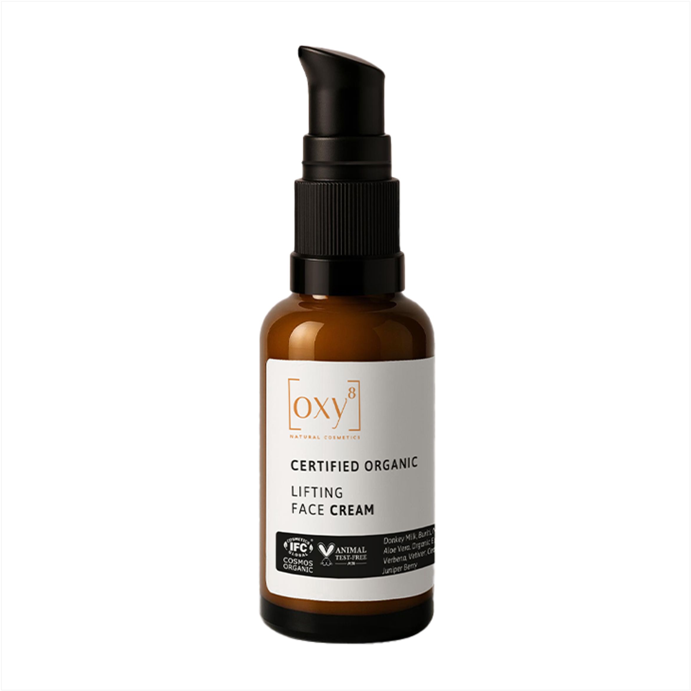 Braune Flasche mit schwarzem Pumpkopf. Aufschrift: Certified Organic, Lifting Face Cream. Logo: oxy8.