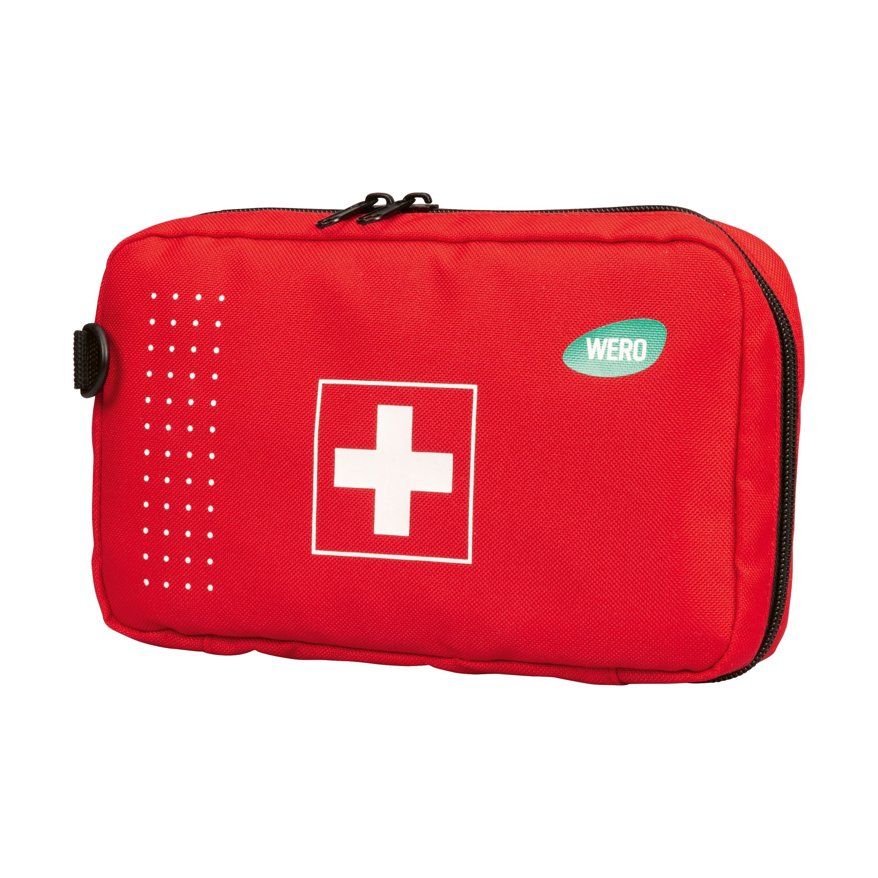 Rote Erste-Hilfe-Tasche mit weißem Kreuz, Reißverschluss und Trageschlaufe. Logo "WERO".