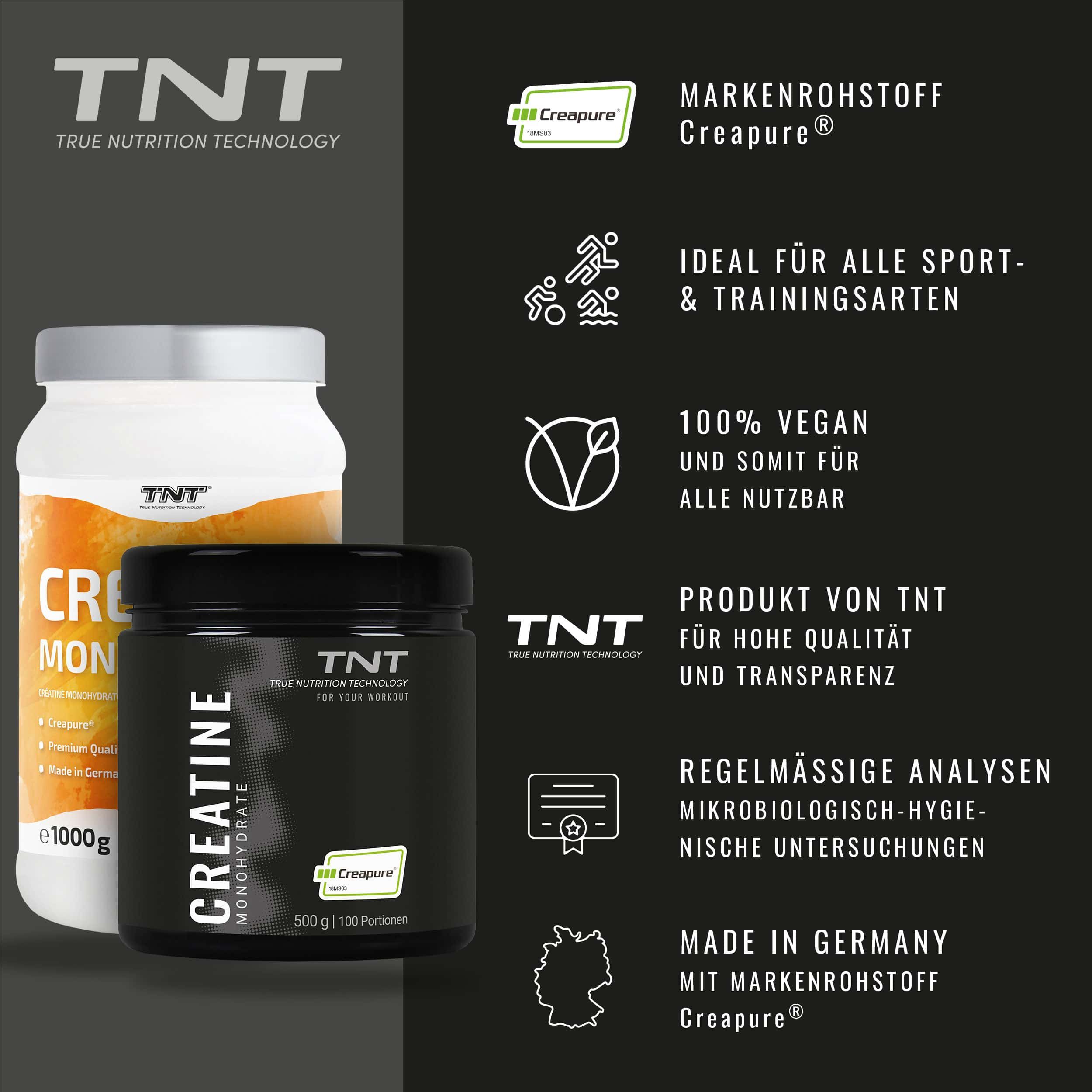 Zwei Dosen TNT Creatine Monohydrate Creapure®. Logos, Text: "Ideal für alle Sport- & Trainingsarten", "100% vegan".