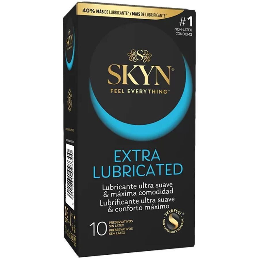 Schwarze Schachtel mit blauer Akzentfläche. Aufschrift: SKYN, Extra Lubrificato, 10 Stück. #1 Kondome.