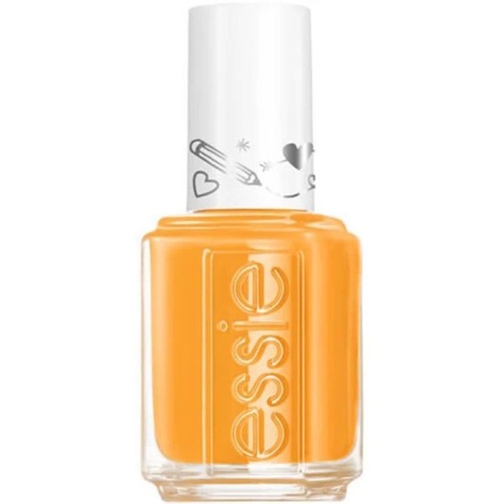 Essie Nagellackflasche, orangefarben, mit weißem Deckel und Logo.