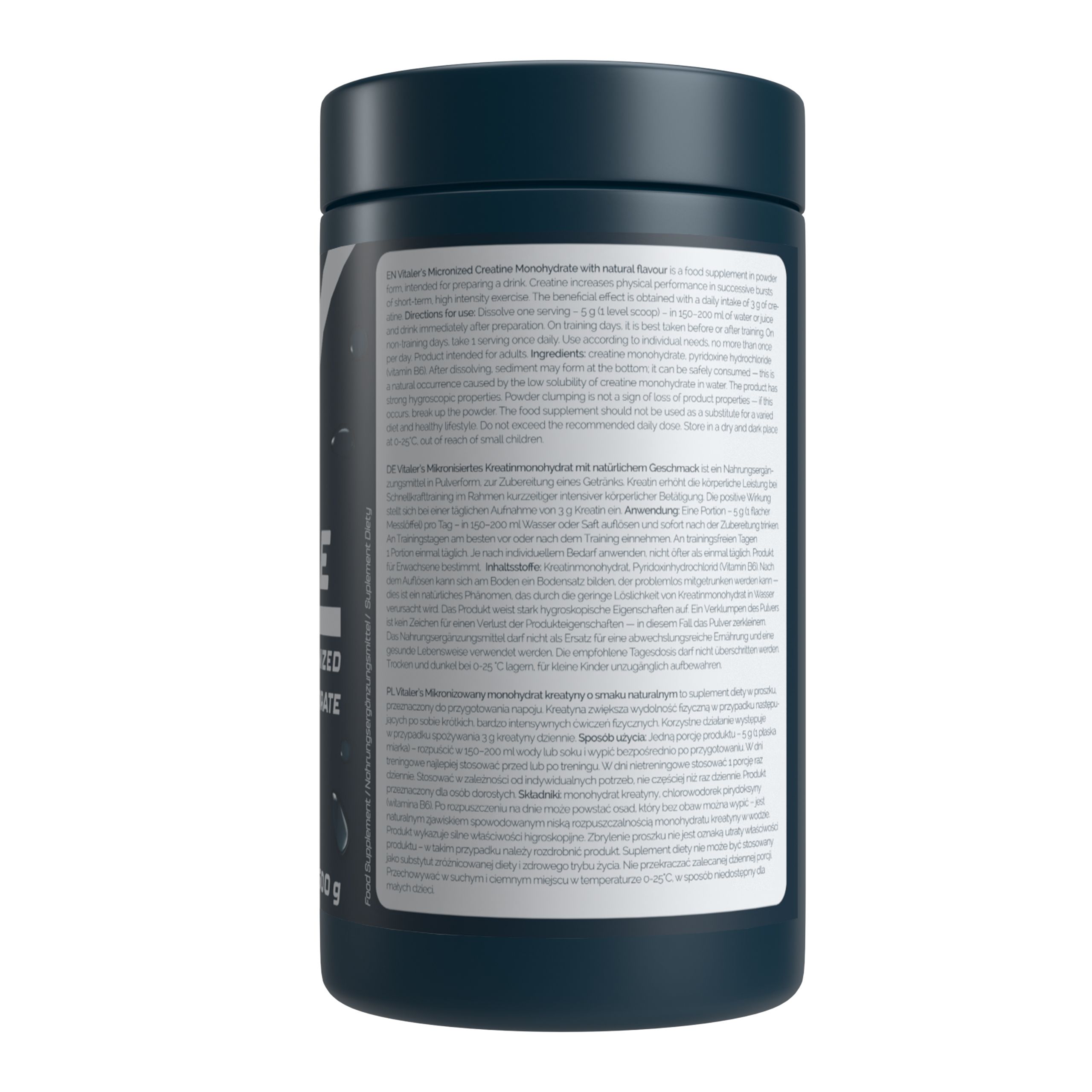 Dunkelblaue Dose mit Vitaler's Sport Kreatin Monohydrat, geschmacksneutral. Enthält 500g.