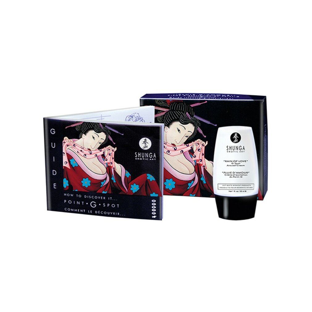 Produkt, Verpackung und Broschüre. Schwarze Schachtel mit Geisha-Illustration. Tube mit Produktbezeichnung.