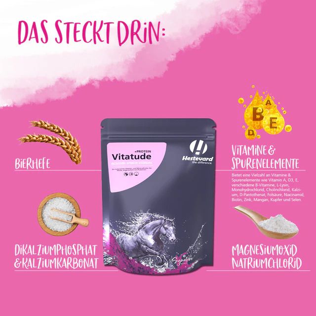 Produktverpackung mit rosa Hintergrund. Text: Das steckt drin. Aufdruck: Vitatude + Protein, Hestevard Logo, Pferd im Wasser. Zutaten.