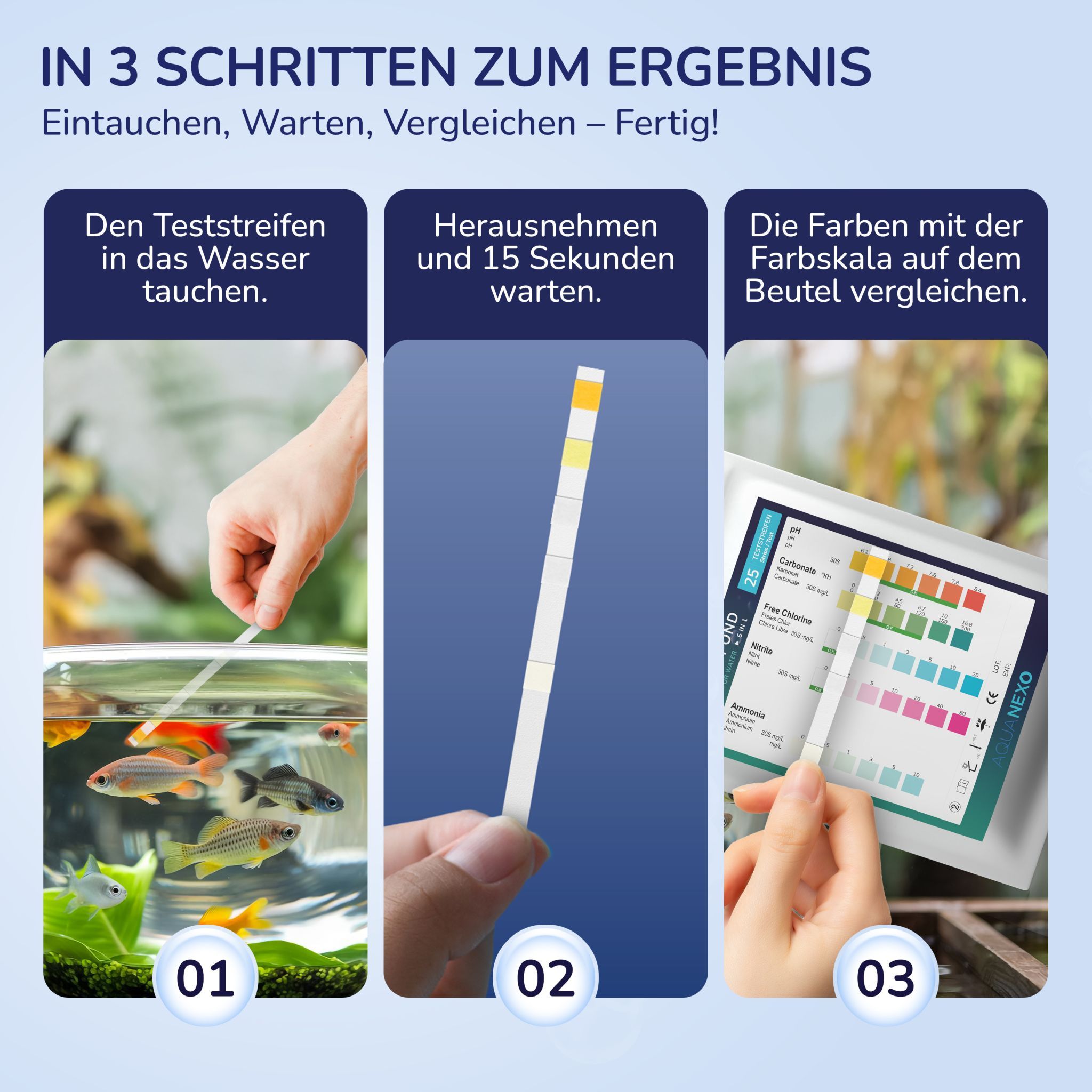 Drei Bilder zeigen die Anwendung der Teststreifen. Teststreifen in Wasser, herausnehmen, vergleichen. Farben auf Beutel vergleichen.