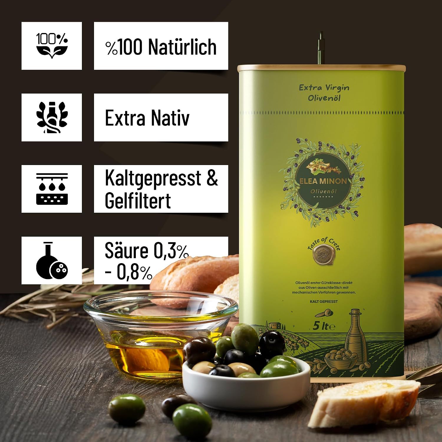 Kanister mit nativem Olivenöl Extra, 5 Liter. Zeigt Symbole für 100% natürlich, extra nativ, kaltgepresst.
