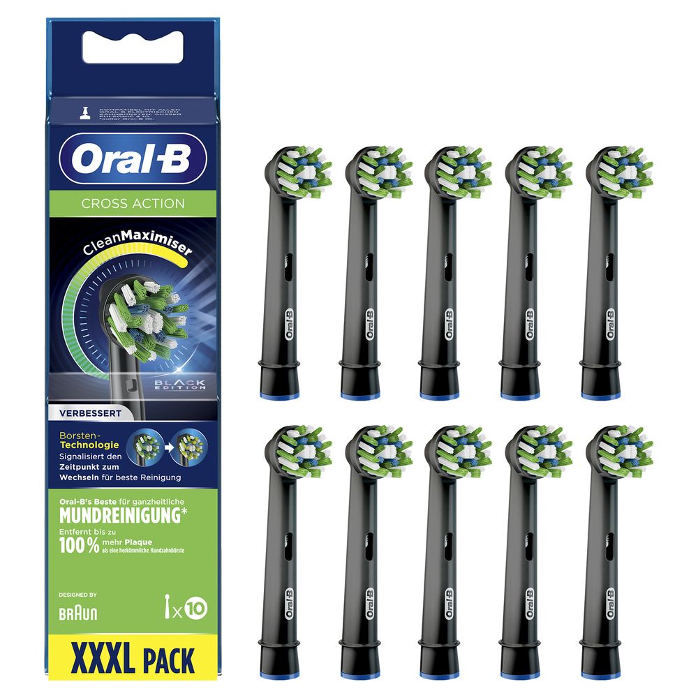 Zehn schwarze Oral-B Cross Action CleanMaximizer Aufsteckbürsten und Verpackung. Verpackung mit Produktnamen, Logo und Text.