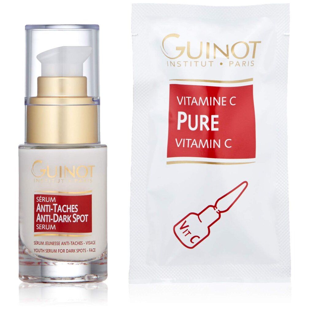 Guinot Anti-Dark Spot Serum und Vitamin C Ampulle in Einzelverpackung. Goldener Schriftzug.