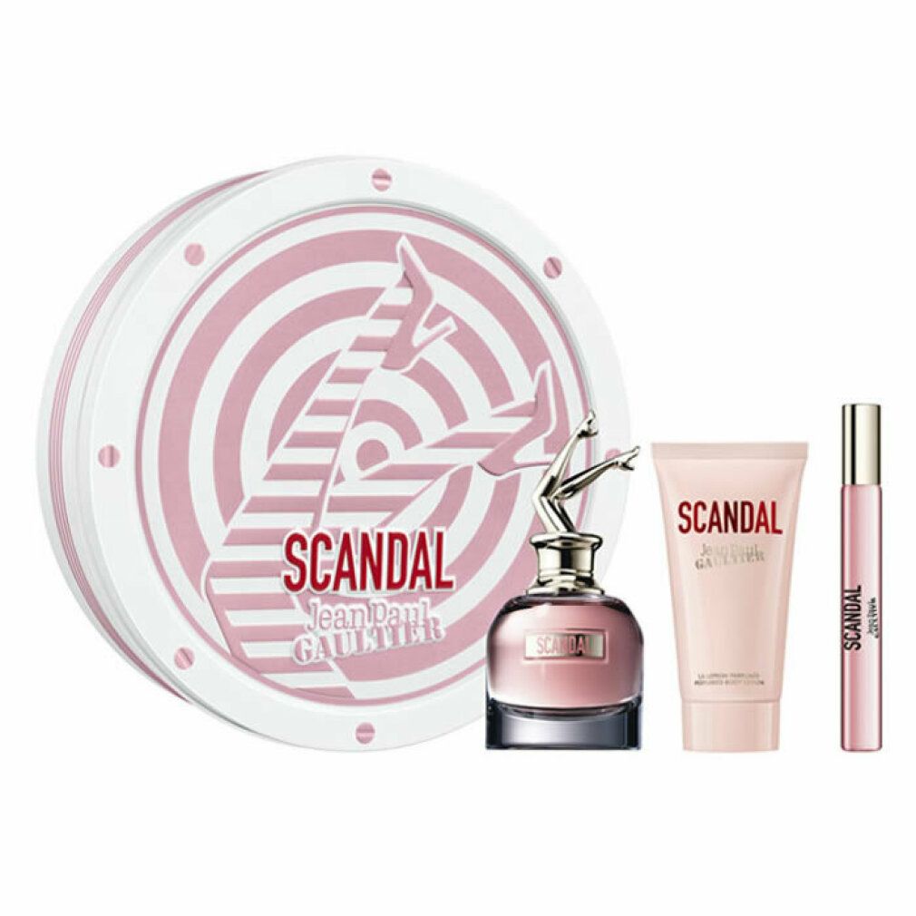Geschenkset mit Dose, Flakon, Zerstäuber und Körperlotion. Dose mit pinkem Motiv. Aufschrift "SCANDAL".