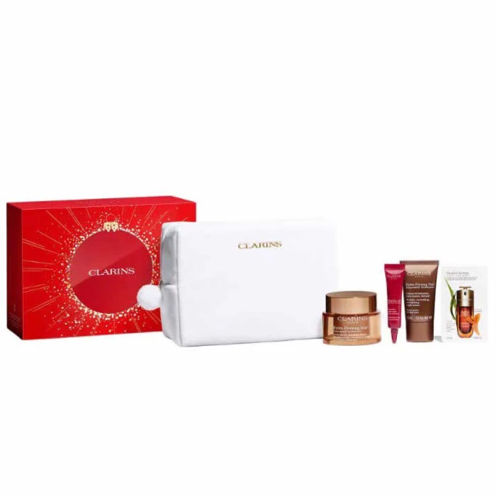 Rote Geschenkbox, weiße Kosmetiktasche, Creme-Tiegel, Tube, Flasche. Aufschrift Clarins.