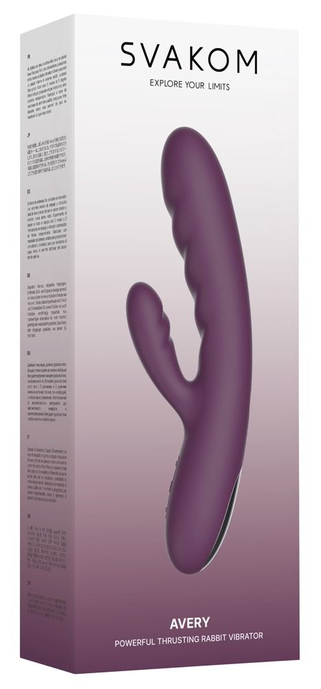 Lila Vibrator in Verpackung. Marke SVAKOM, Modell Avery. Aufschrift: Powerful Thrusting Rabbit Vibrator.