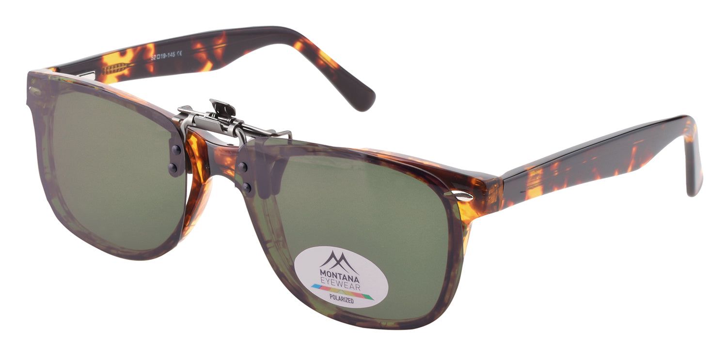 Sonnenbrille mit Clip-on-Sonnenbrille. Gestell in Schildpatt-Optik. Logo "MONTANA EYEWEAR POLARIZED".