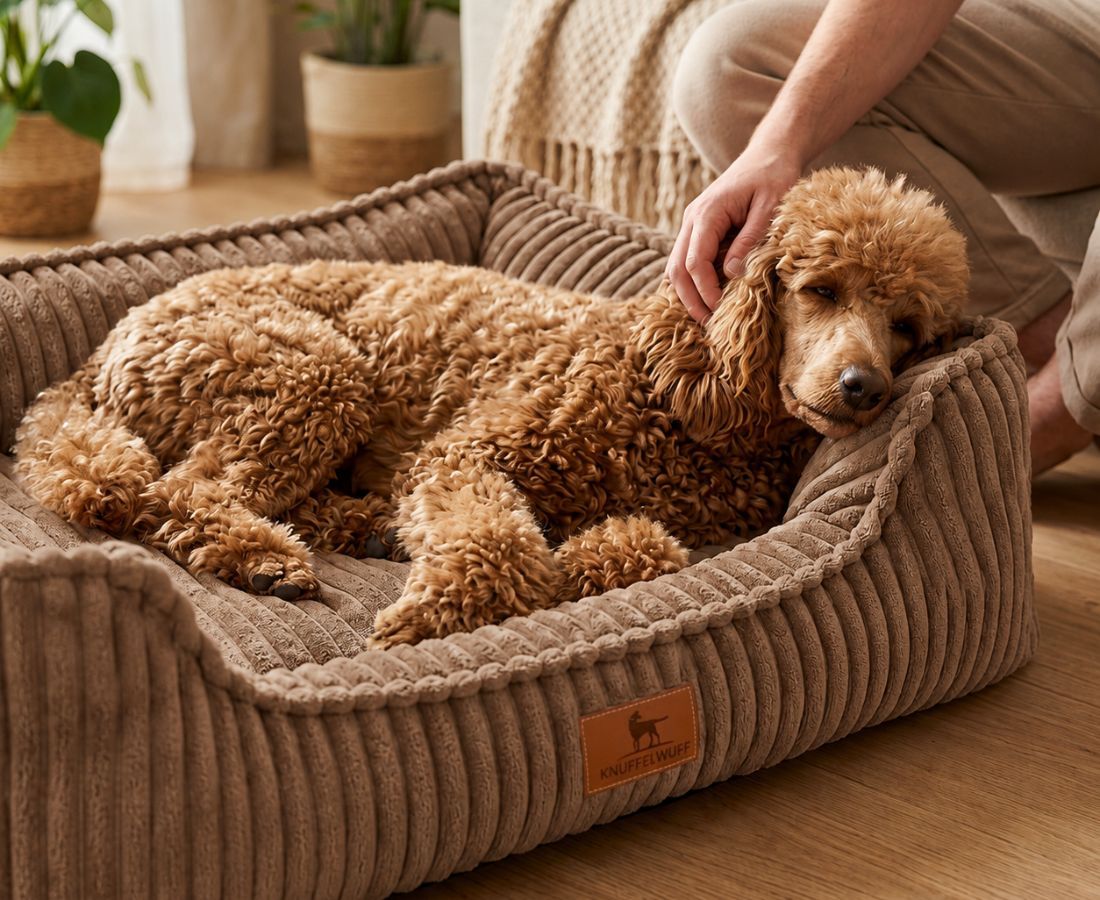 Braunes Cord-Hundebett mit Pudel, eine Hand streichelt den Hund.