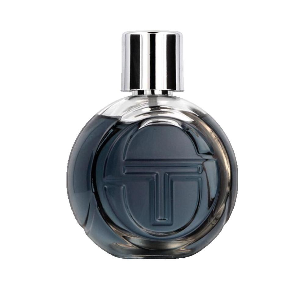 Sergio Tacchini Smash Eau de Toilette Flakon, rund, mit silbernem Verschluss und eingeprägtem Logo.