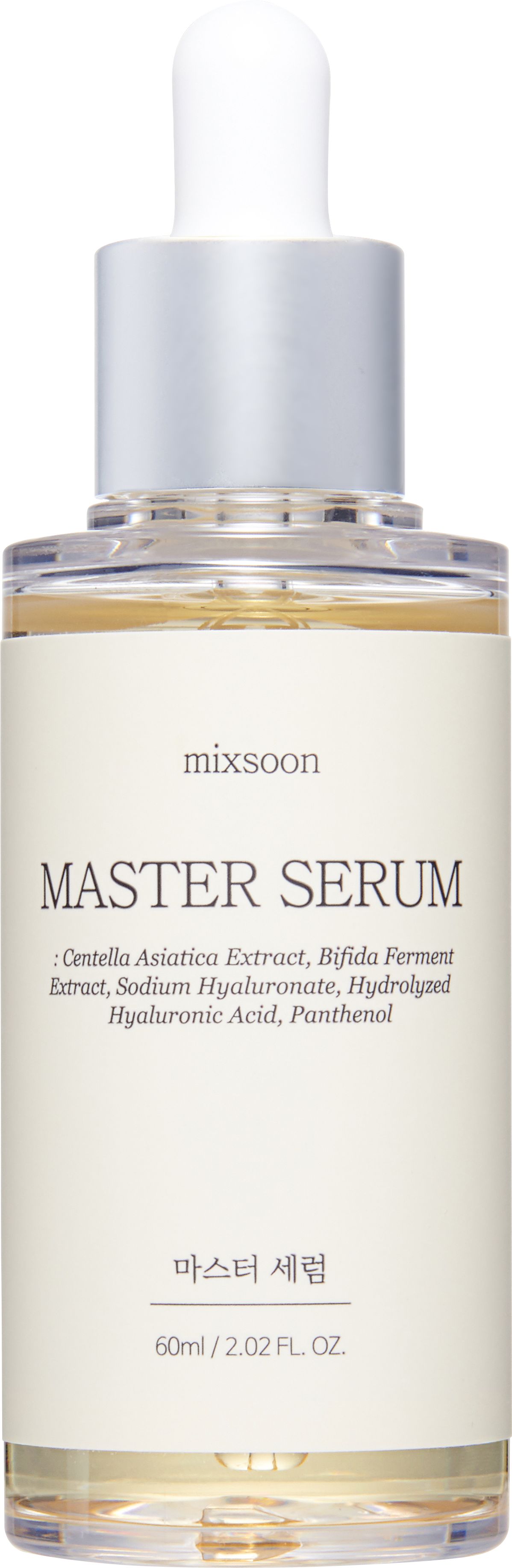 Serumflasche mit weißem Etikett. Aufschrift: Master Serum. Enthält Centella Asiatica Extrakt, Bifida Ferment Extrakt, Hyaluronsäure.