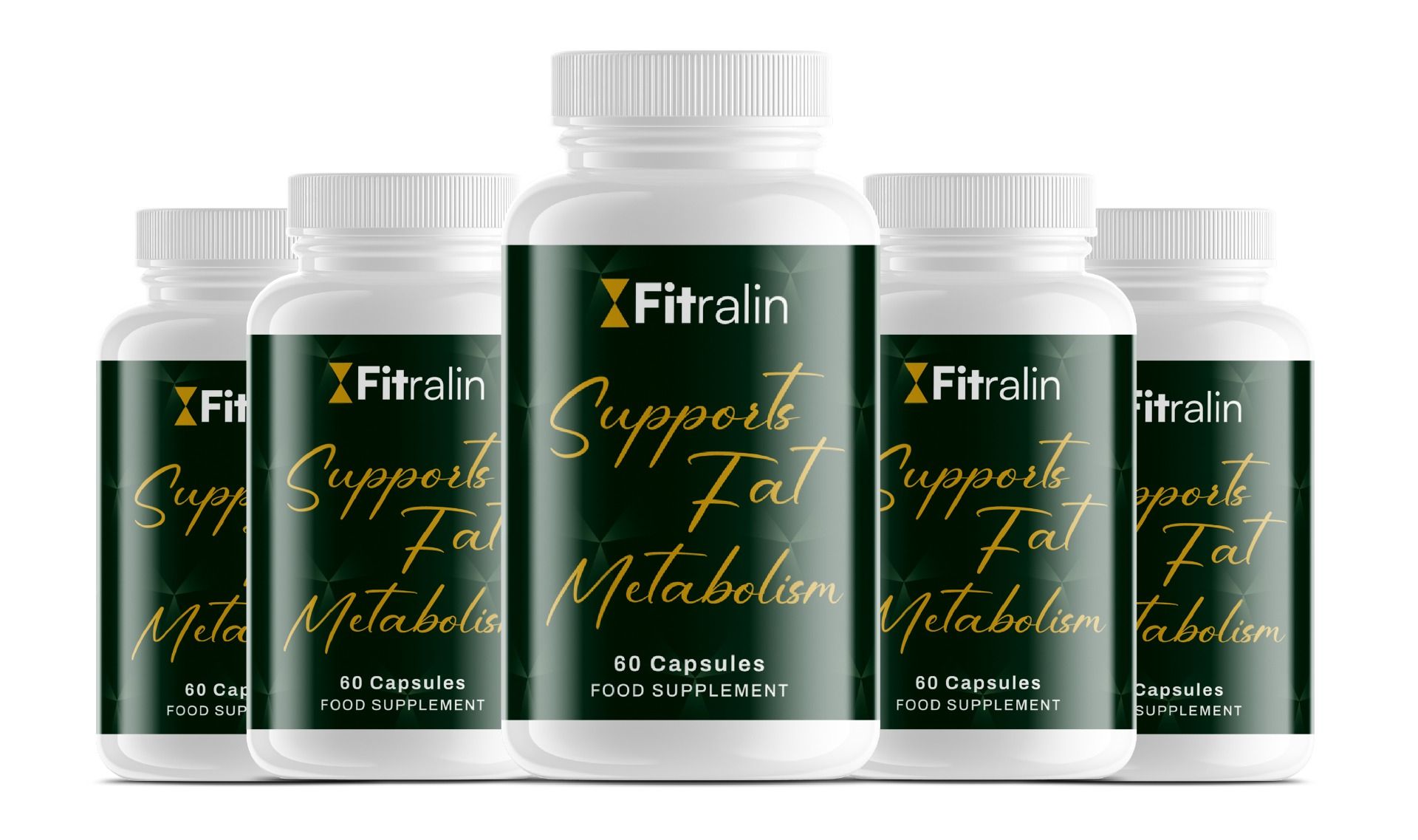 Fünf Fitralin Kapselbehälter, die "Supports Fat Metabolism" anzeigen.