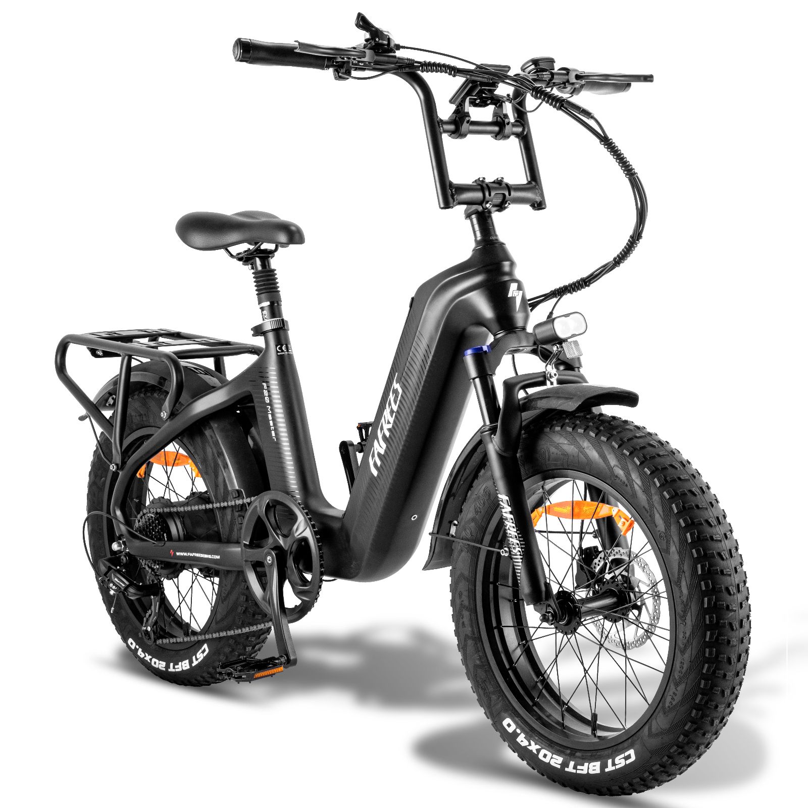 Schwarzes E-Bike mit breiten Reifen, Gepäckträger und FAFREES-Logo. Frontansicht.