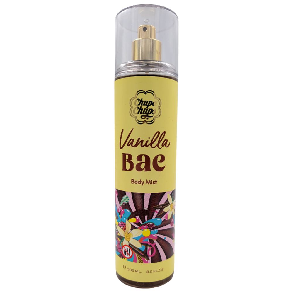 Körperspray mit Sprühkopf. Gelbe Flasche mit Aufschrift: Vanilla Bae Body Mist. Mit bunten Mustern.