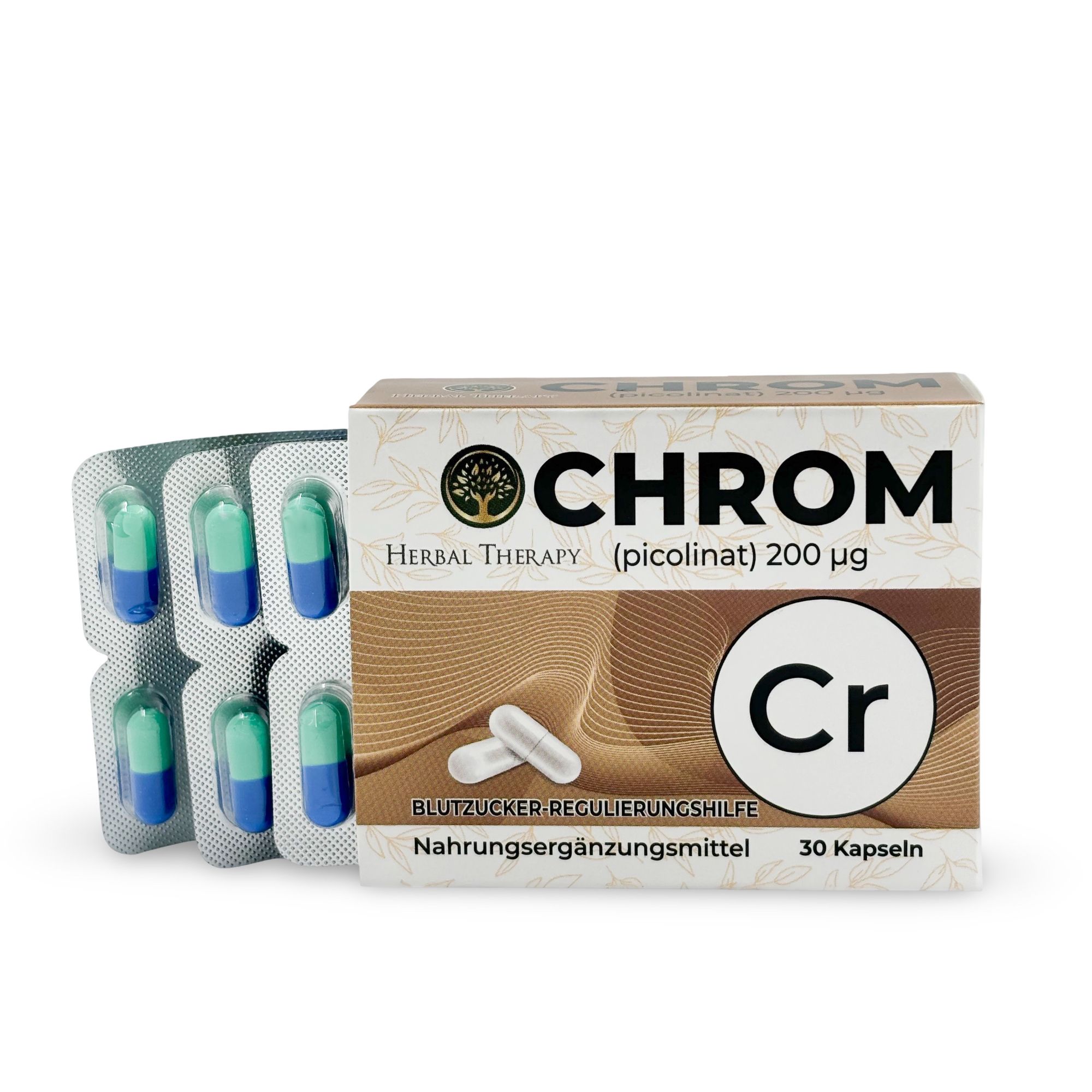 Produktverpackung mit Blisterpackung. Aufschrift: CHROM, Herbal Therapy (picolinat) 200 μg. Kapseln in Blistern.