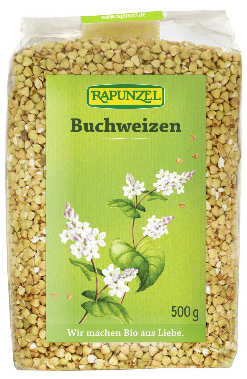Rapunzel Buchweizen in einer 500g Packung mit floralem Design.