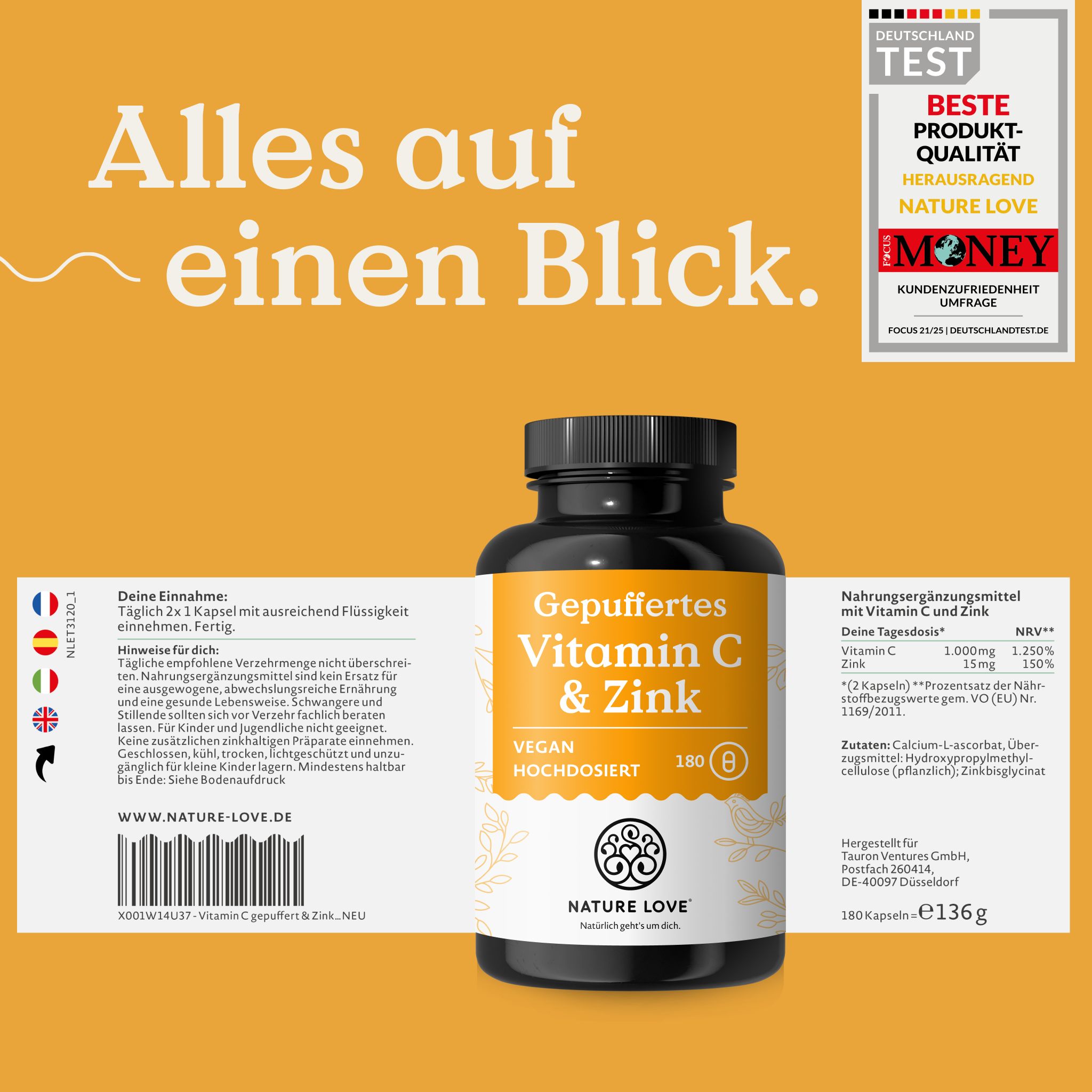 Flasche mit gepuffertem Vitamin C & Zink, vegan, hochdosiert, 180 Kapseln. Nährwertangaben und Siegel "Deutschland Test".