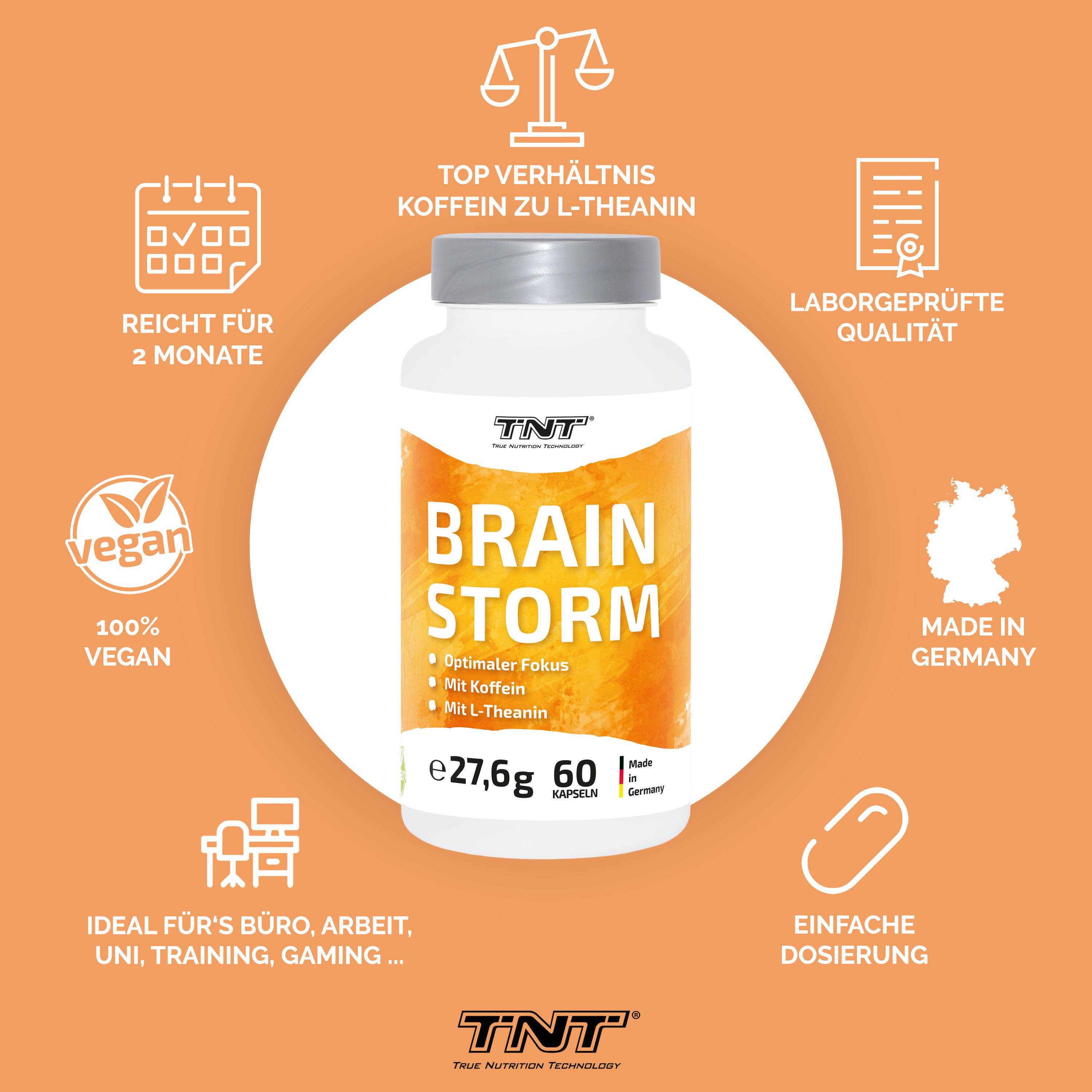 Produktflasche mit Informationen. Aufschrift: BRAIN STORM, 60 Kapseln. Text.