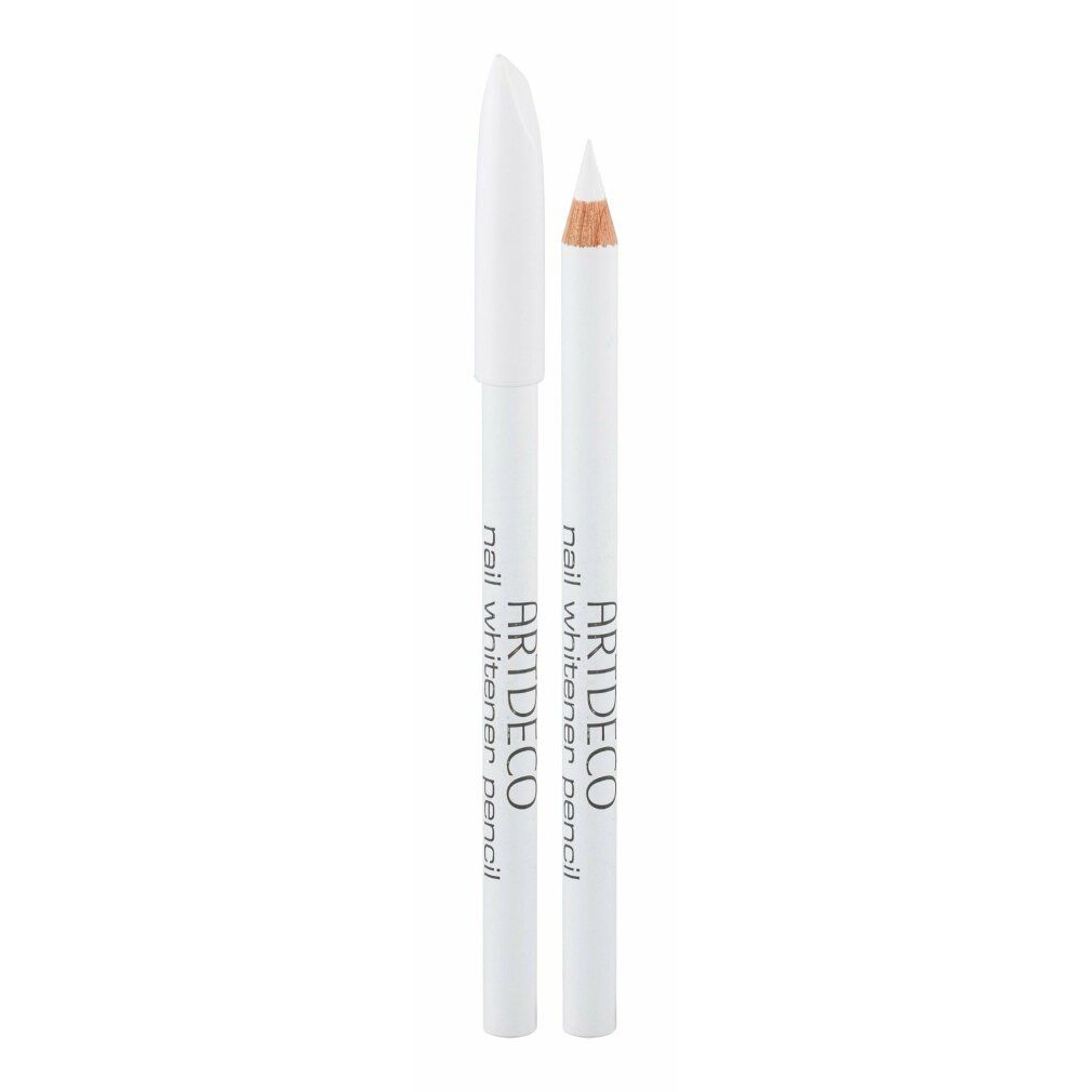 Zwei weiße Stifte. Einer mit Kappe, der andere ohne. Aufschrift: Artdeco nail whitener pencil.