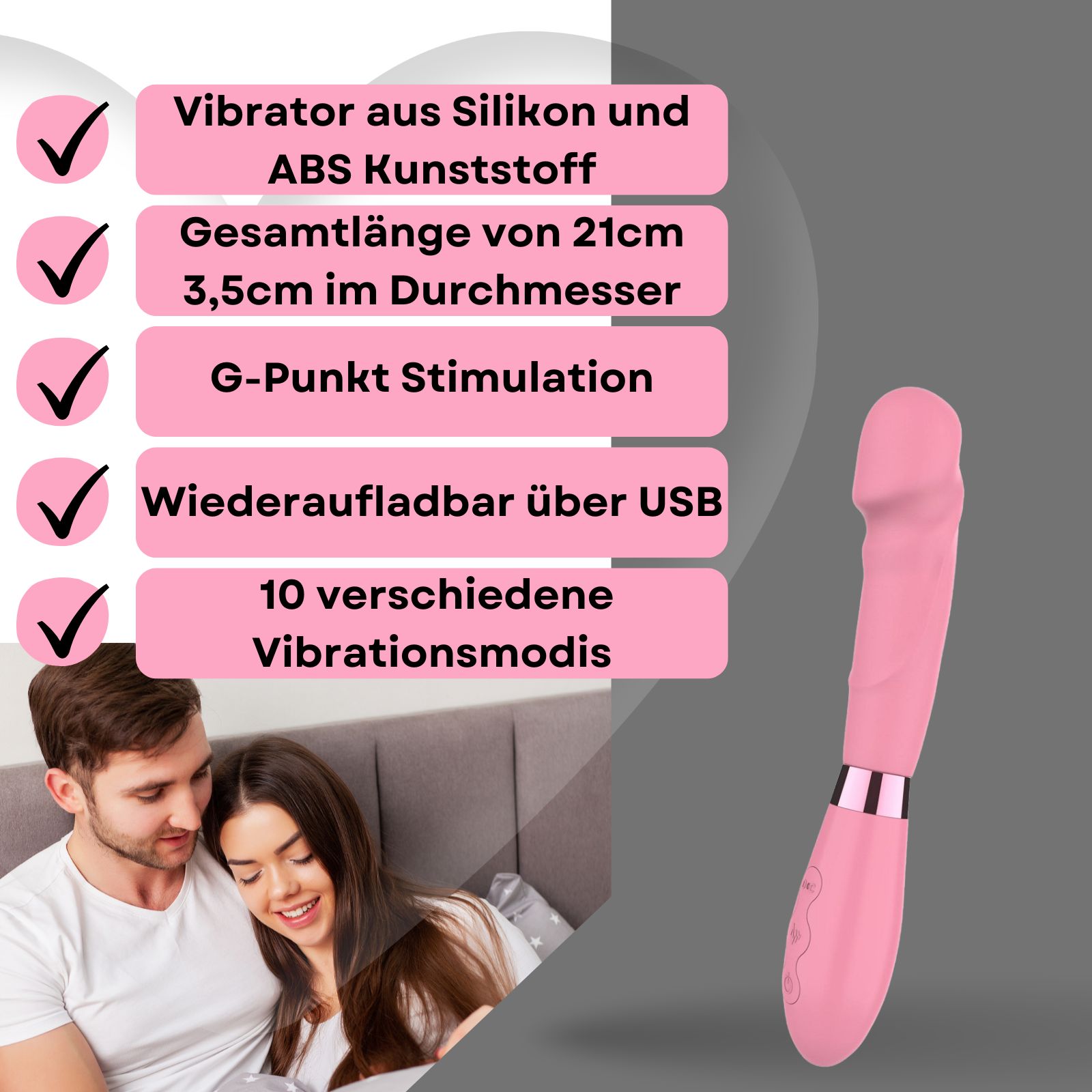 Rosa Vibrator. Silikon. 21 cm lang, 3,5 cm Durchmesser. Wiederaufladbar über USB. 10 Modi.