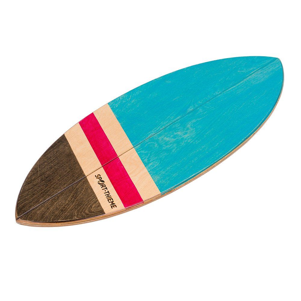Balance-Board Kork Surfer mit blau, rot, beige und braun lackierter Oberfläche. Marke: Sport-Thieme.