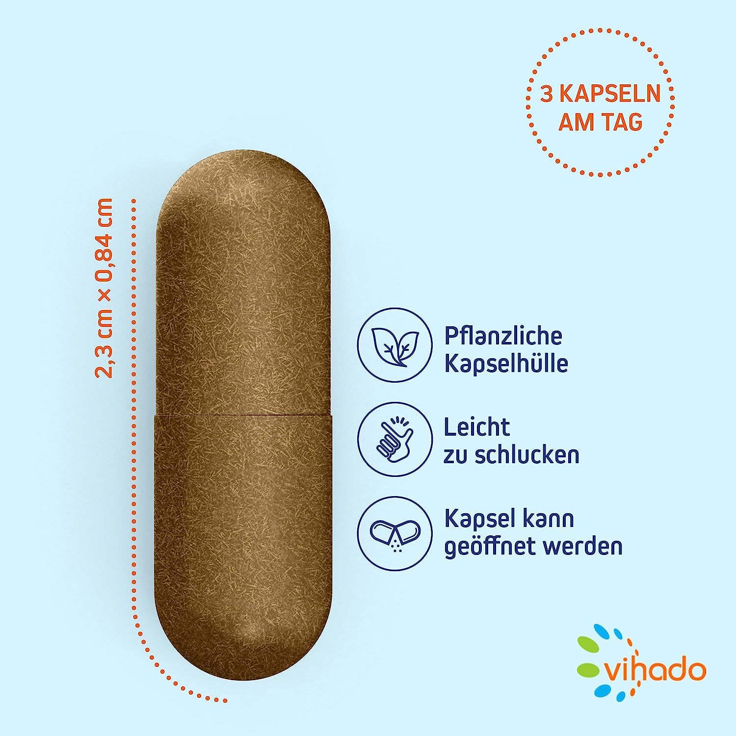 Braune Kapsel mit den Maßen 2,3 cm x 0,84 cm. Aufschrift: Pflanzliche Kapselhülle, leicht zu schlucken, Kapsel kann geöffnet werden.