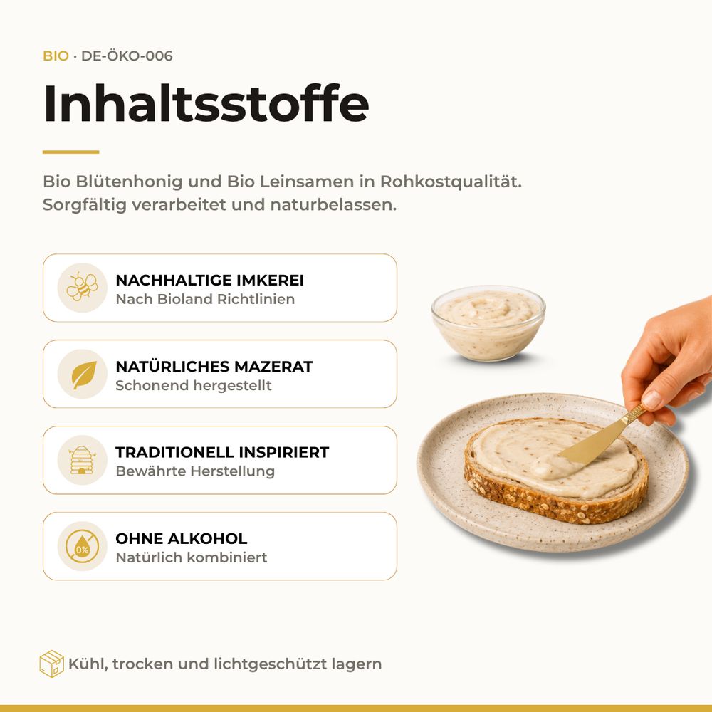 Hand streicht SUNNAFRUCHT® BIO Leinsamen in Honig auf eine Brotscheibe. Mehrere Qualitätsmerkmale aufgeführt.