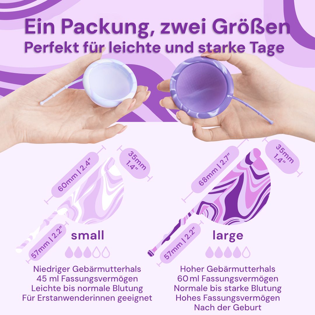 Zwei Hände halten lila Menstruationsscheiben (S/L) aus Silikon.