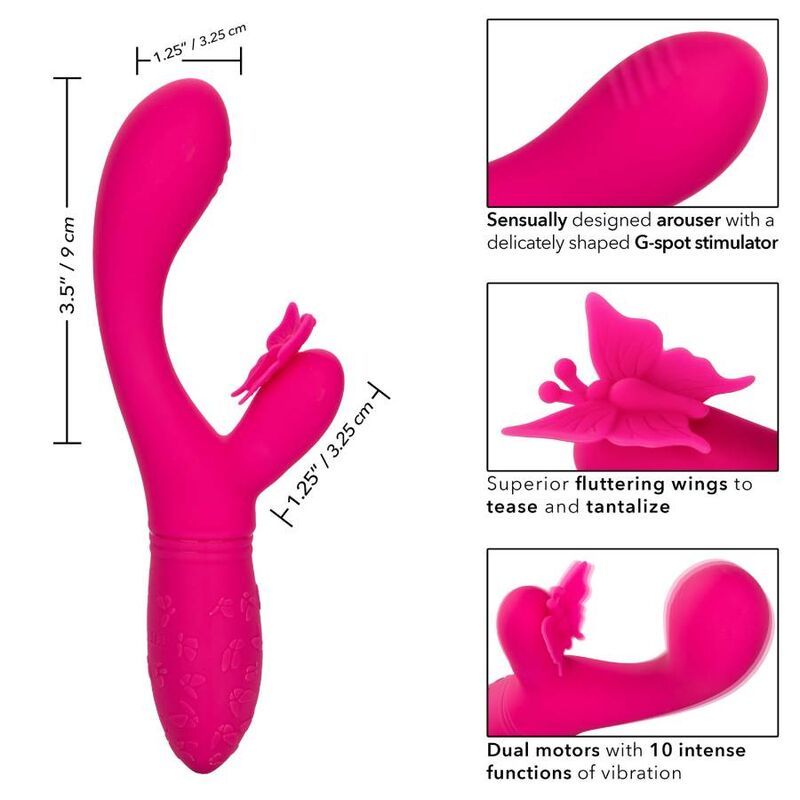 Rosa Vibrator mit Schmetterlingsdesign. Abmessungen und Produktmerkmale. Weißer Hintergrund.