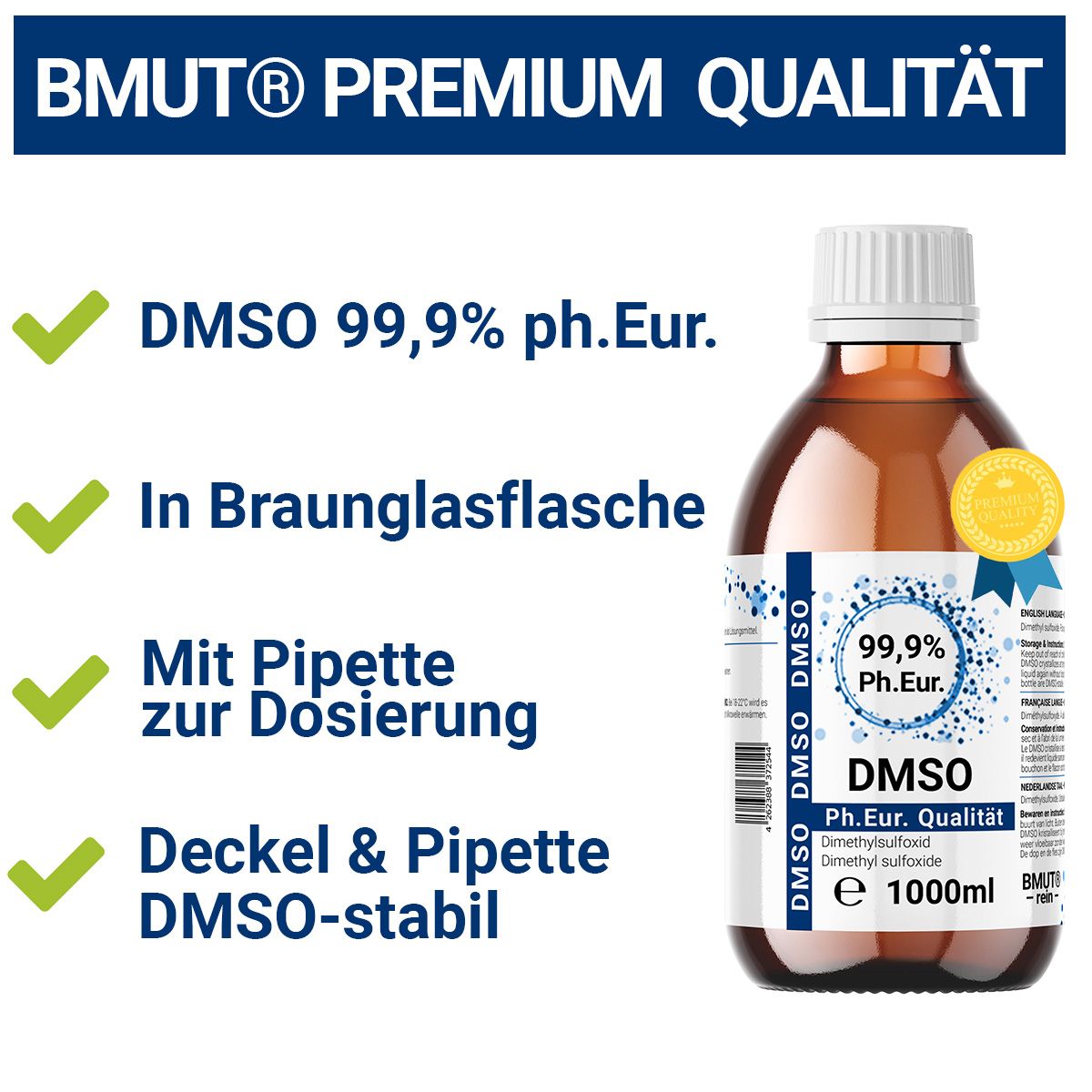 Braunglasflasche mit weißem Deckel und Etikett. Enthält DMSO 99,9% ph. Eur. Text: BMUT Premium Qualität. Mit Pipette.