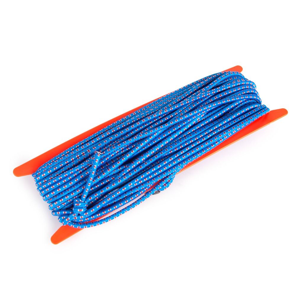 Blau-weißes Gummiband auf orangefarbener Halterung. Aufgerollt, diagonale Ansicht.