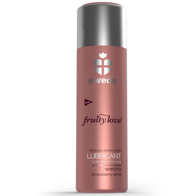 Eine rosa Flasche mit silbernem Deckel. Aufschrift: Fruity Love, Lubricant.