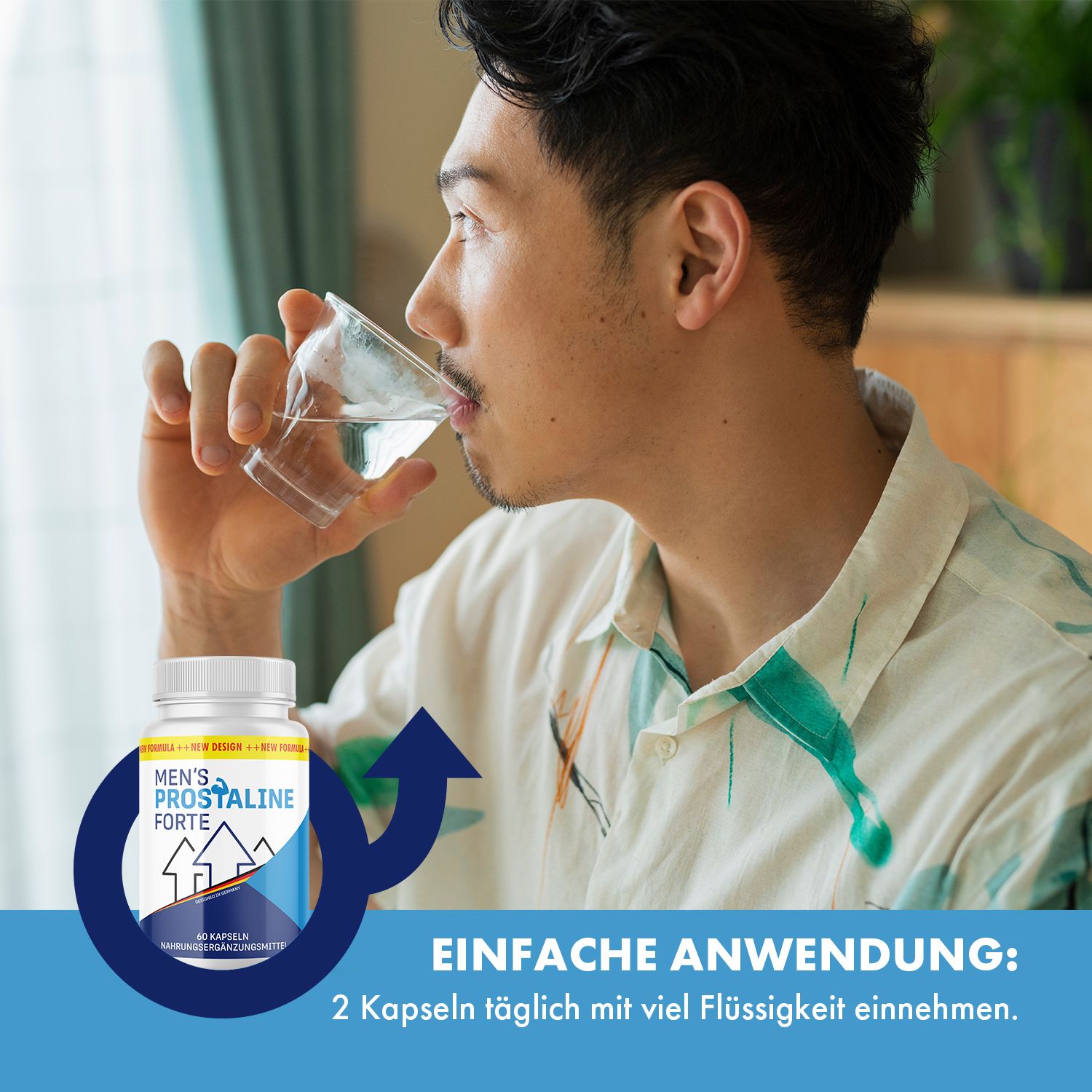 Mann trinkt Wasser neben einer Flasche Men's Prostaline Forte, mit blauem Männersymbol und Pfeil.