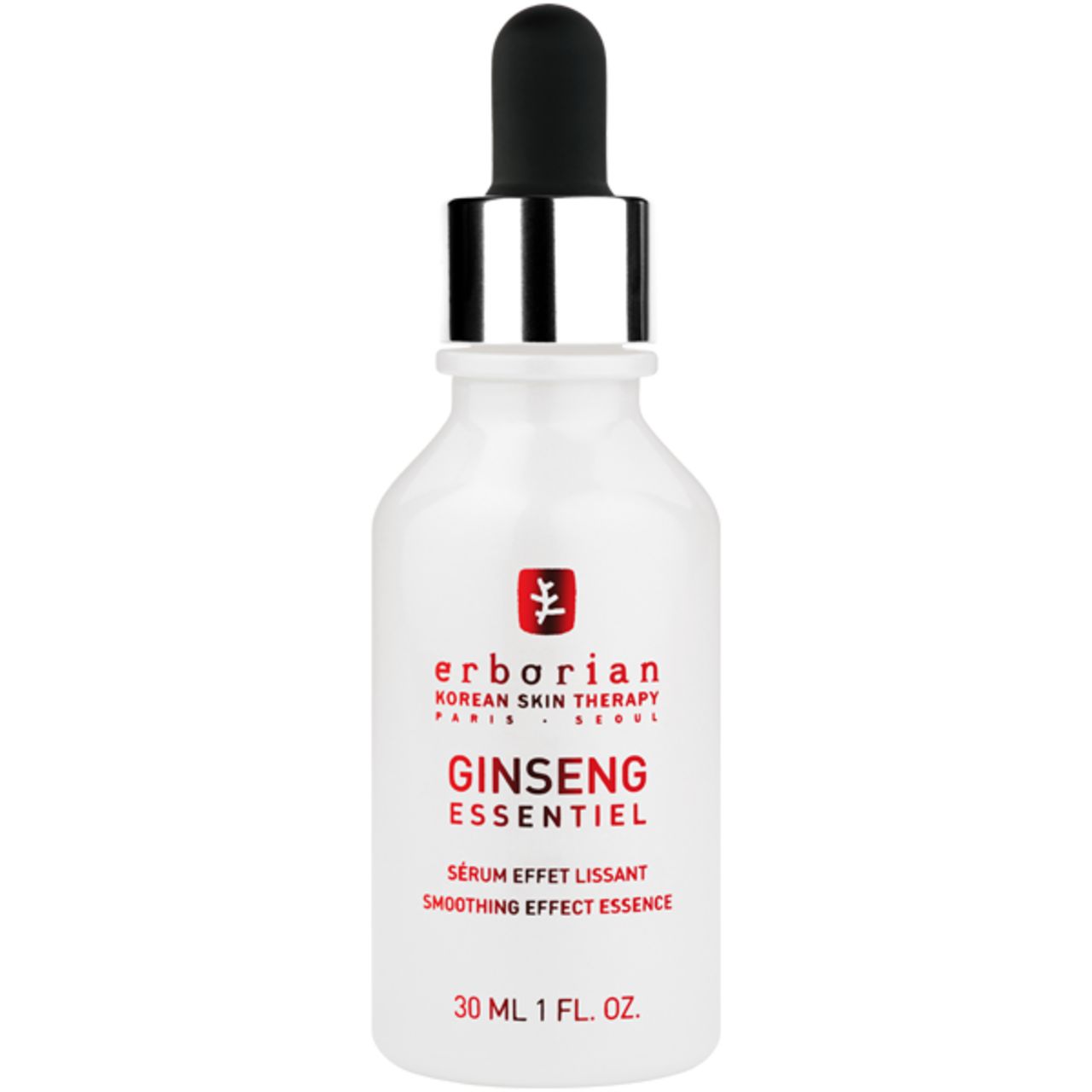 Weiße Flasche mit schwarzer Pipette. Roter Schriftzug: Ginseng Essentiel. Marke: Erborian. Text: Sérum effet lissant, Smoothing effect essence. 30 ml.
