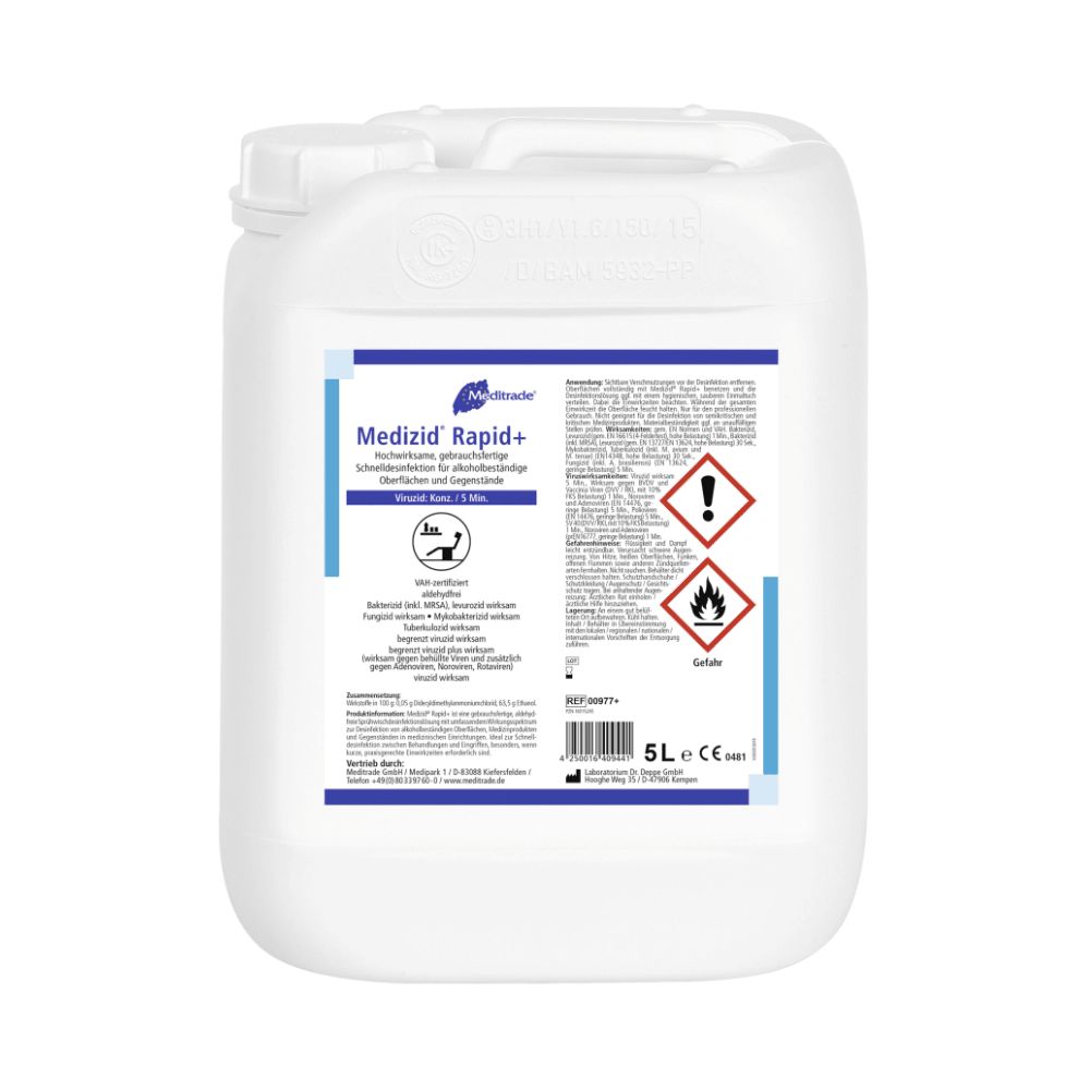 Großer weißer Kanister mit Medizid Rapid+ Flächendesinfektion, 5L. Enthält Gefahrensymbole.