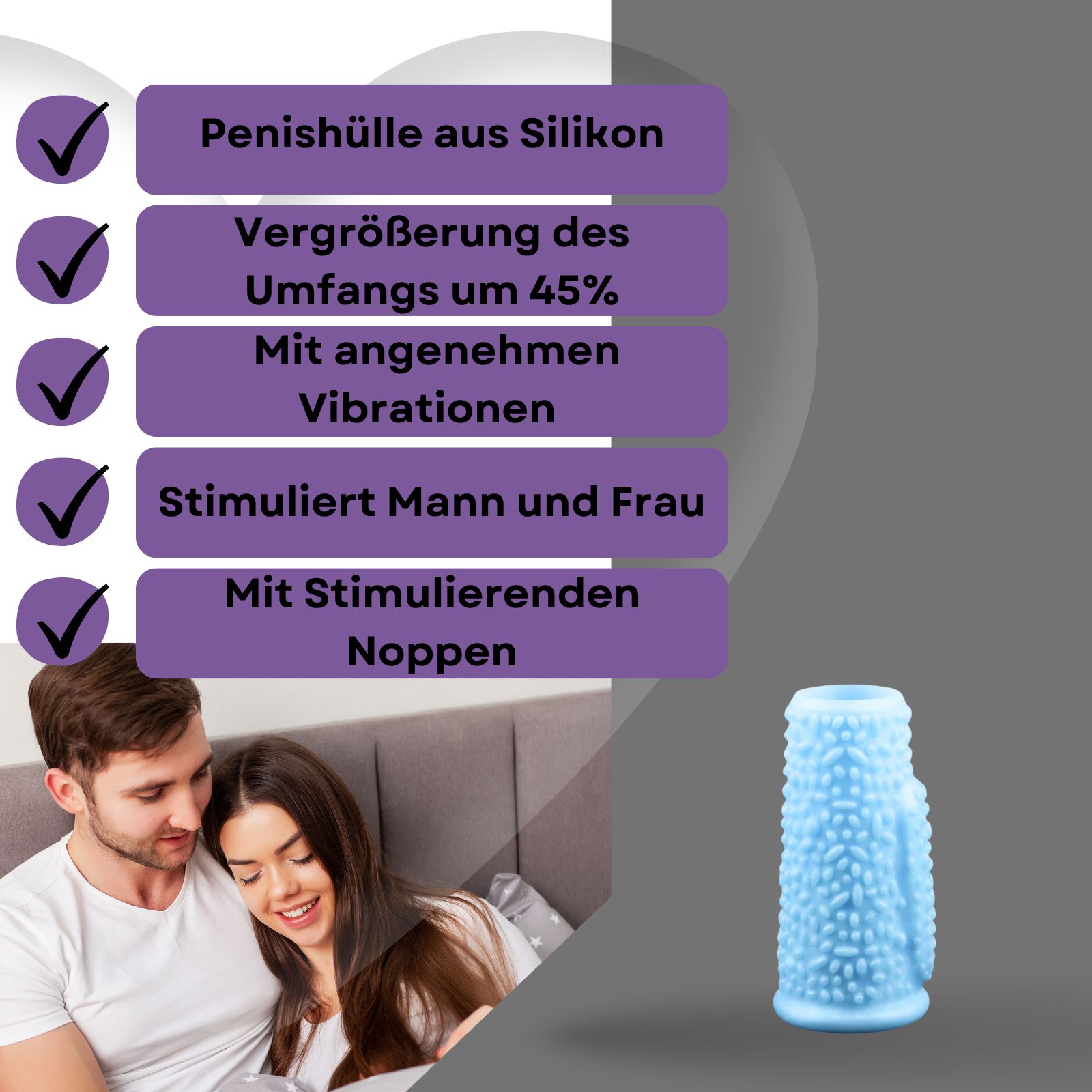 Blaue Penishülle mit Noppen. Text: Penishülle aus Silikon, Vergrößerung des Umfangs um 45%, Mit angenehmen Vibrationen, Stimuliert Mann und Frau, Mit stimulierenden Noppen.