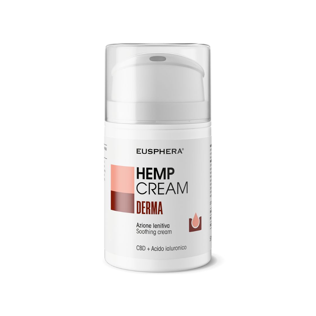 Weiße Flasche mit Pumpverschluss. Aufschrift: HEMP CREAM DERMA, EU4DERMA. Enthält CBD und Hyaluronsäure.