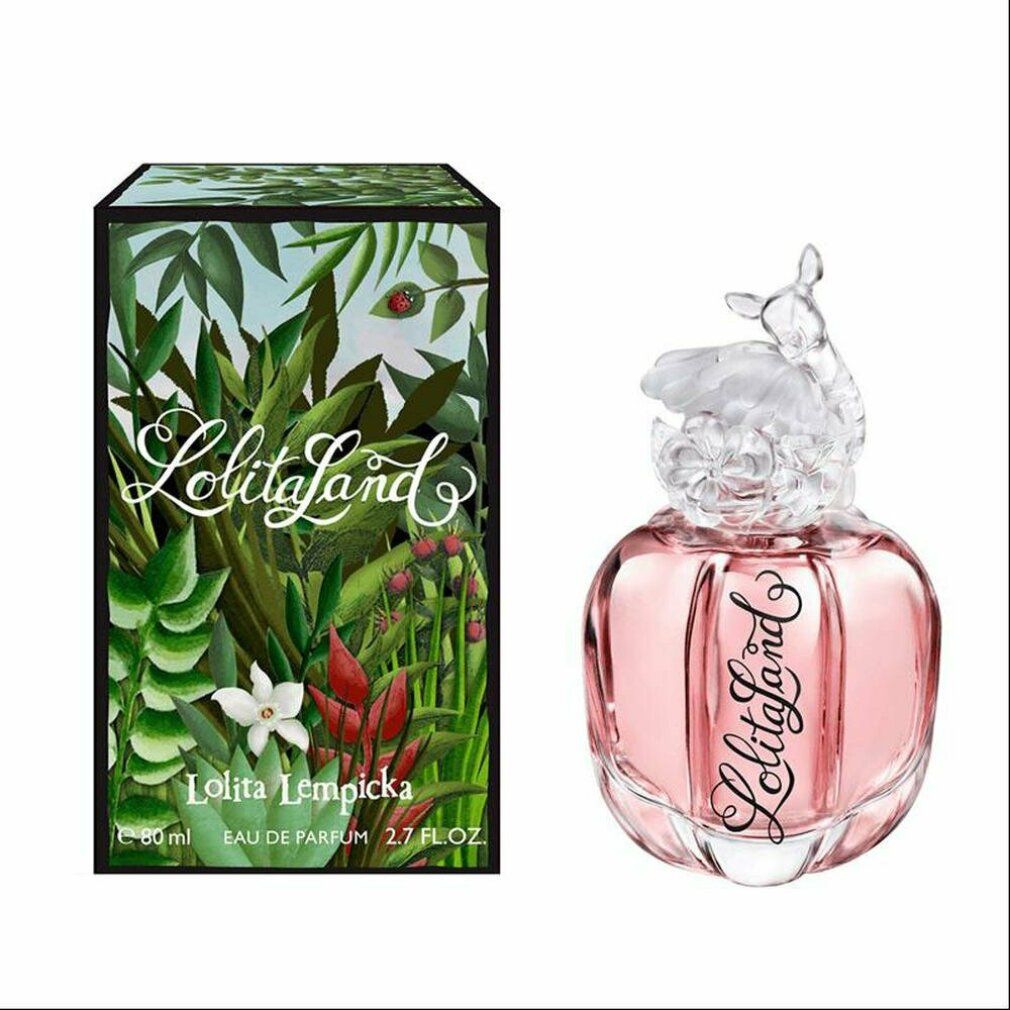 Parfümflakon und Verpackung. Flakon mit rosa Flüssigkeit, Reh-Kopf-Verschluss. Verpackung mit floralem Design und Schriftzug "Lolitaland".