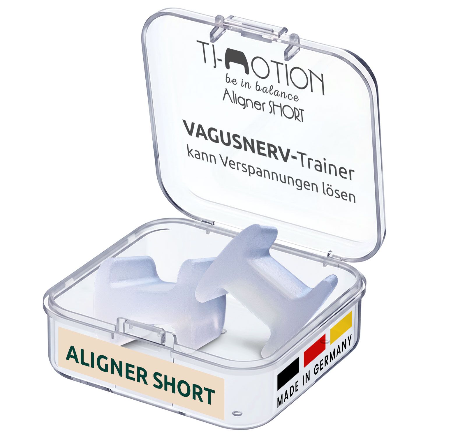Transparente Box mit zwei weißen Aligner Short. Text: TJ-Motion be in balance, VAGUSNERV-Trainer, kann Verspannungen lösen. Aligner SHORT. Made in Germany.