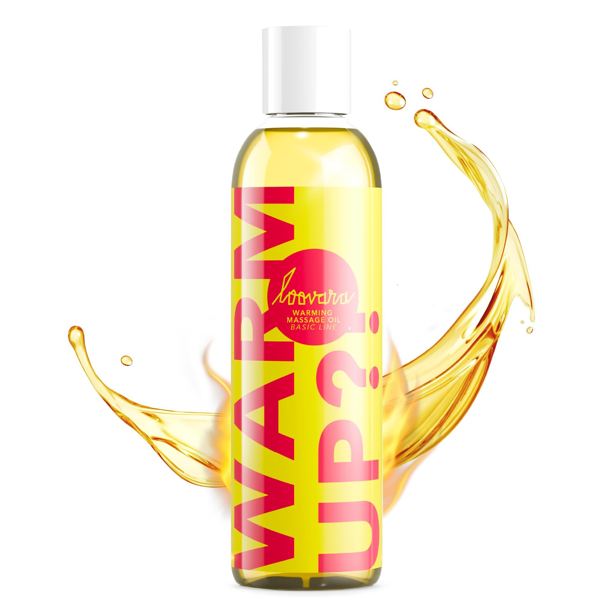 Flasche Loovara Warm Up Massageöl mit gelbem Etikett und Wasserspritzern.